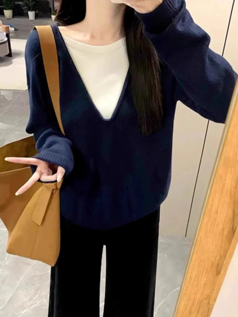 Loose Fit Long Sleeve Deep V Neck Knitted Sweater Women's Autumn Winter Casual Slimming Effect Tibetan Blue  Top