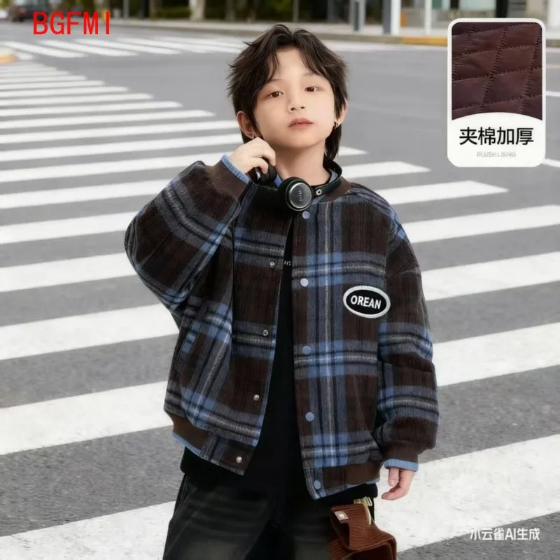 Fashion Boys Woolen Cotton Coat for Winter 2026 New Blue Grid Baseball Jacket for Teenager Girl Thick Stitched with Inner Lining
