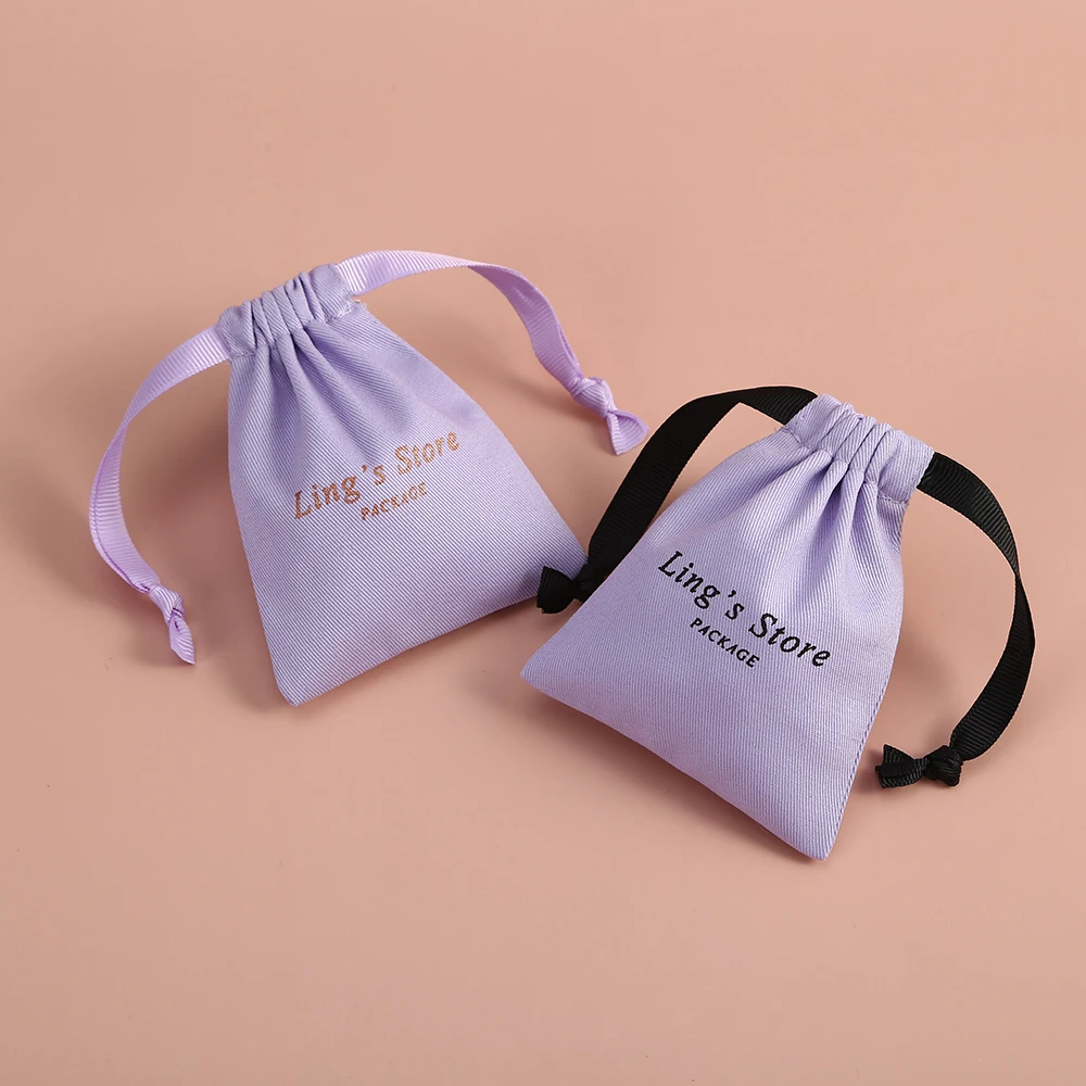 

50 Purple Cotton Canvas Pouch Gift Bags with Ribbon Custom logo Drawstring Jewelry Packaging Wedding Favors Candy Goodie Bag