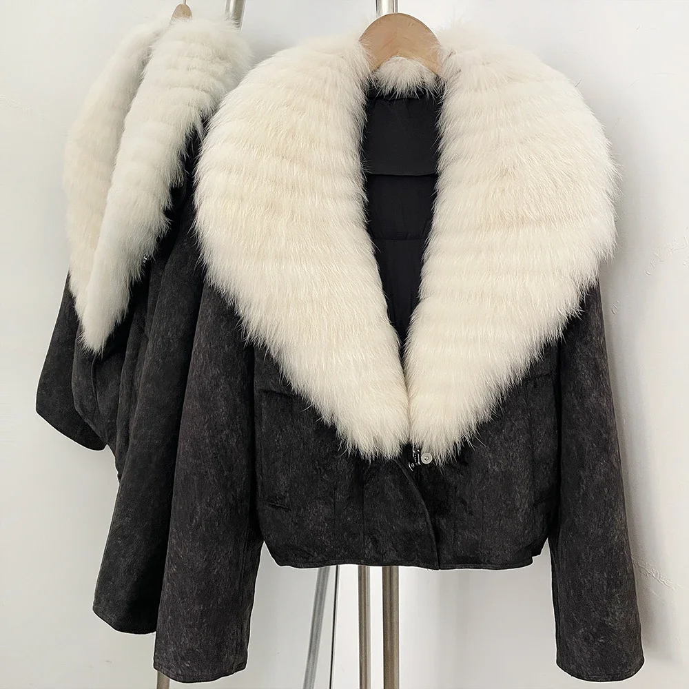 OFTBUY Dicke Daunenjacke mit Echtem Fell-Reißverschluss, Elegante Gesteppte Oberbekleidung, Gestreifter Fuchspelzkragen, Warmer Wintermantel für Damen – Detail 9