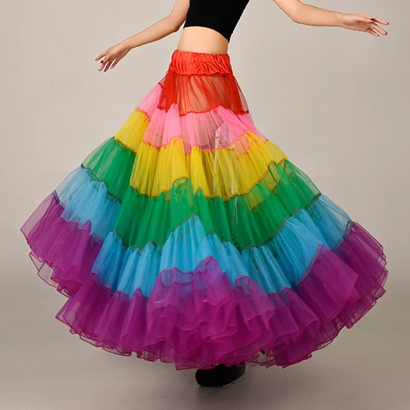 Multicolored Rainbow A-Line Maxi Tutu Skirt Pleated Floor Length Petticoat Hoopless Bridal Mesh Crinoline Underskirt