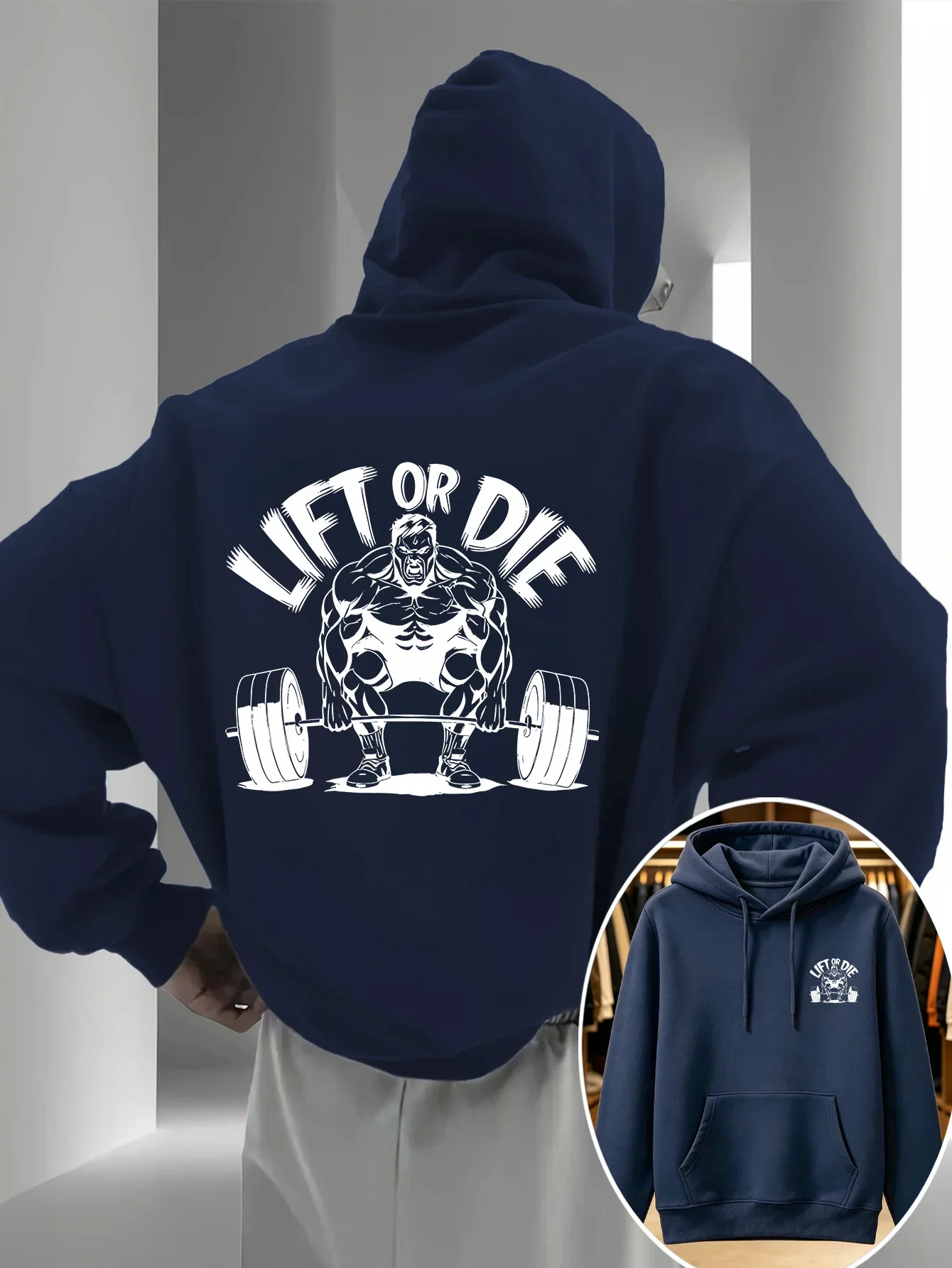 Men Graphic Hoodies Lift Or Die Print Sweatshirt Hardcore Workout Barbell Graphic Harajuku Loose Casual Fall Hooded Pullovers