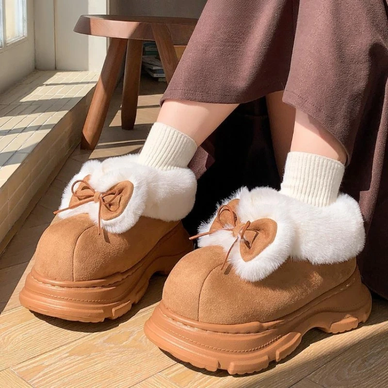 Warm Faux Fur Fluffy Slippers For Women Winter Platform Shoes Soft Plush Thick Sole Cute Bow Girls Indoor Street Snow Boots