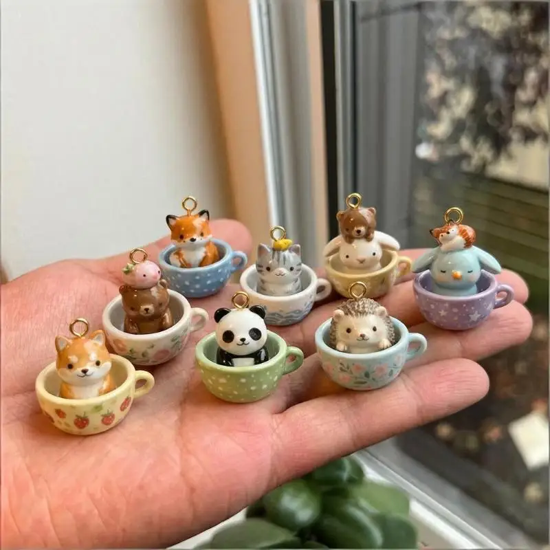 Cartoon Tea Cup Animal Pendant Necklace DIY Three-dimensional 3D Necklace Set Trendy Rabbit Cat Pendants Jewelry Accessories