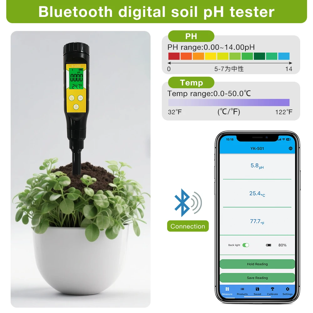 Smart Soil PH Meter 0.0~14.0pH Bluetooth Soil PH Tester High Precision Temp Acidity Analyzer for Potted Garden Farmland Planting