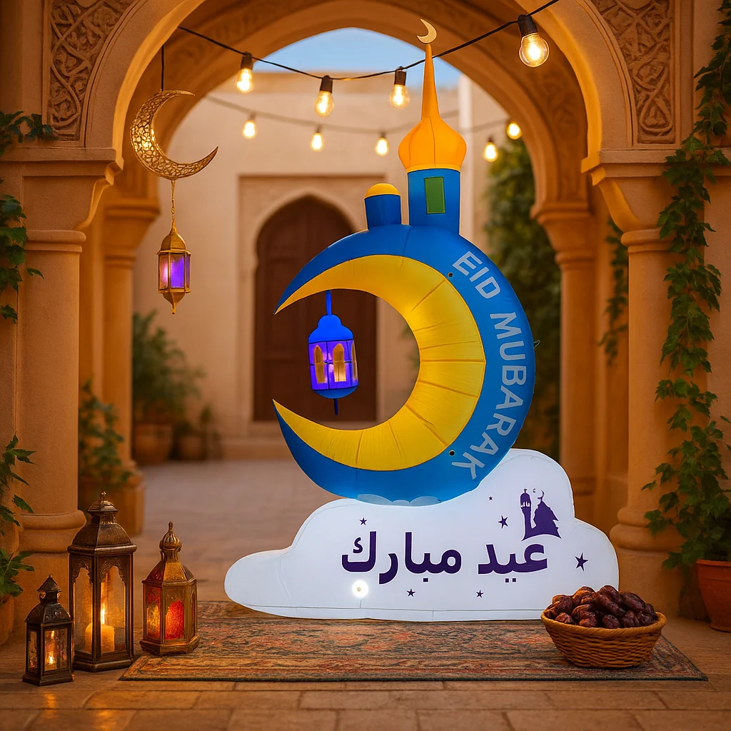 

8FT Ramadan Mubarak Blue Crescent Inflatable Decor Yellow Star LED Lanterns Islamic Holiday Decor Ramadan Inflatable For Yard