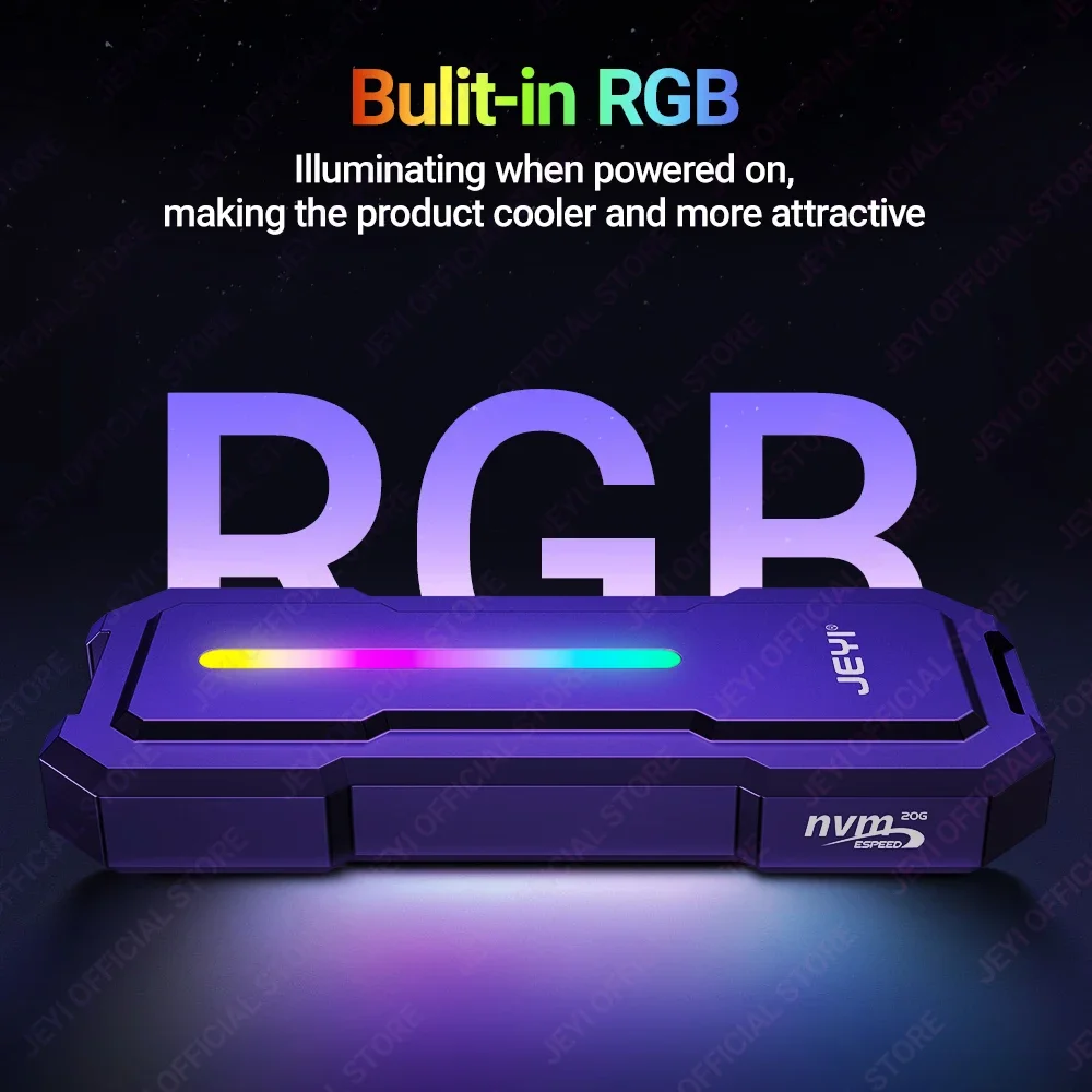 JEYI 20 Gbps RGB M.2 NVMe SSD-behuizing, USB 3.2 GEN2x2 Ondersteuning UASP-trim, 4 TB capaciteit, behuizing van aluminiumlegering, 9220 Chip PCIe NVMe