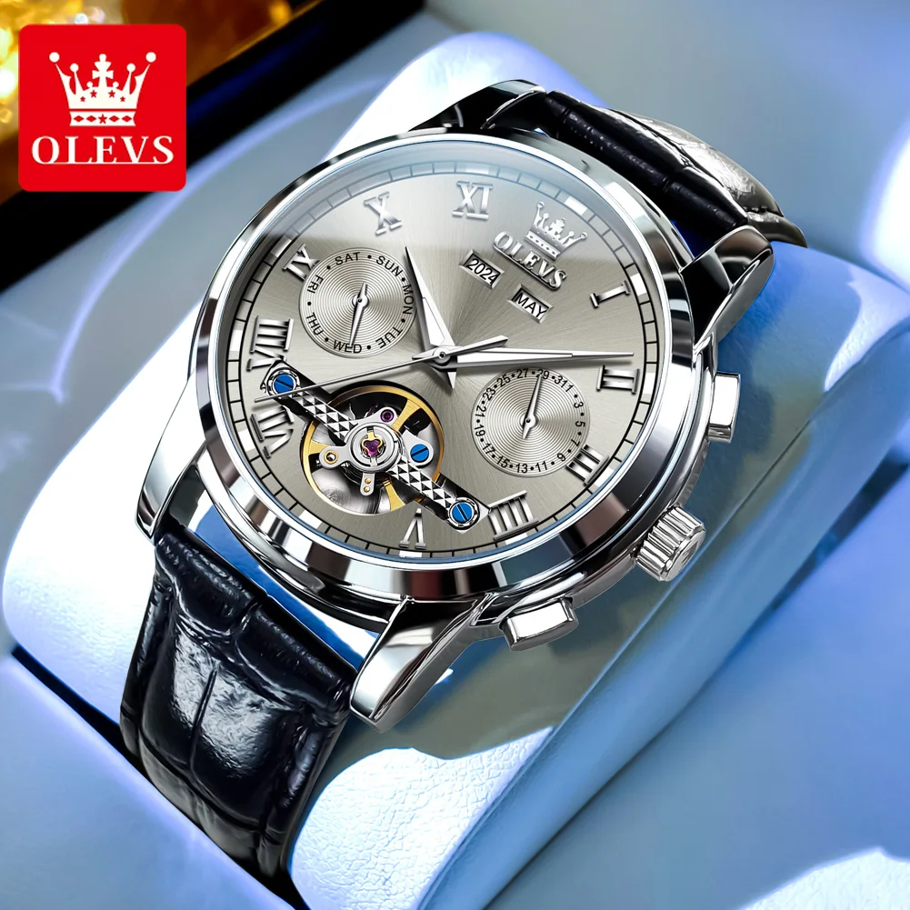 

OLEVS Luxury Tourbillon Mechanical Watch for Men Leather Strap Waterproof Fashion Mens Watches Week Date Business Men's Watches