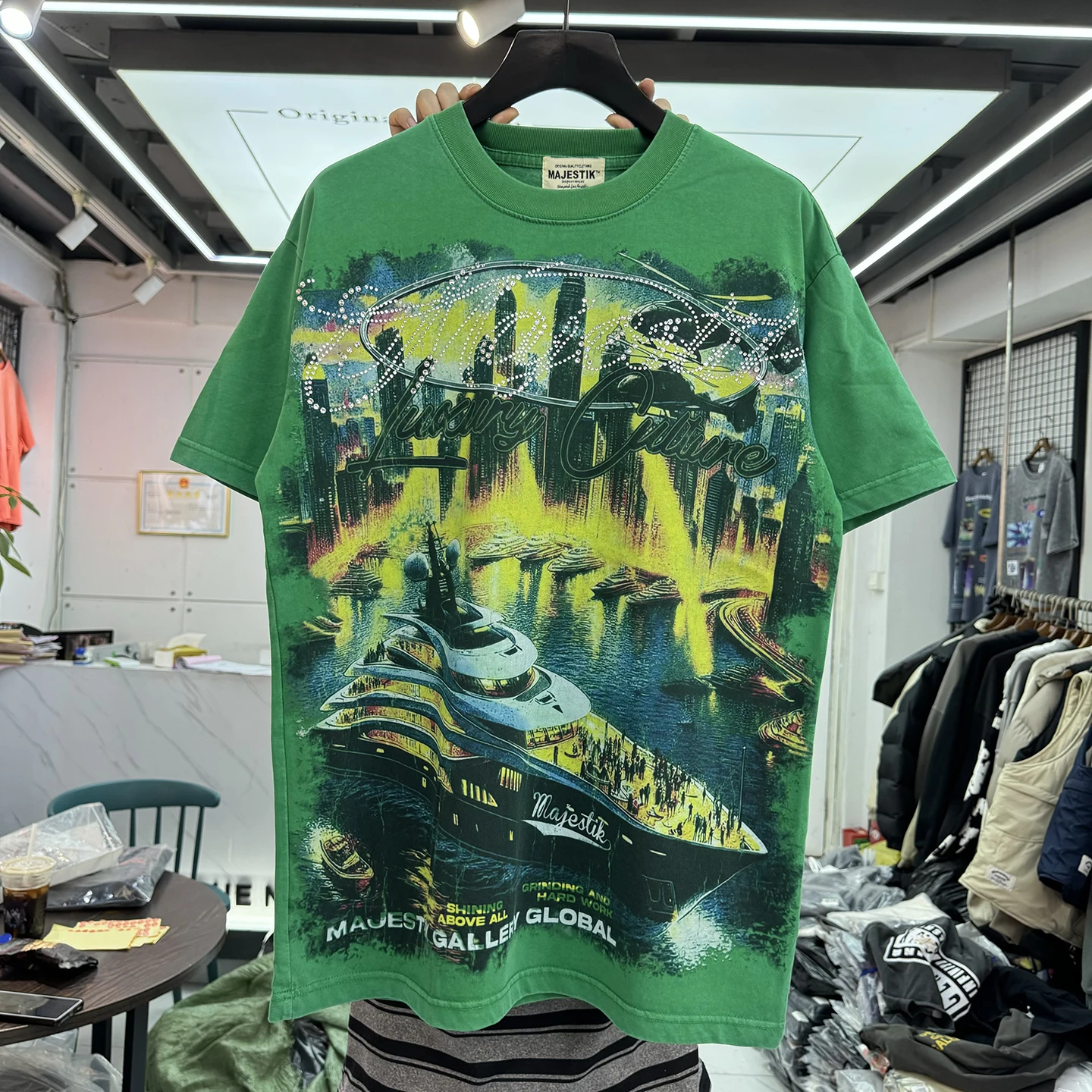 

Retro Washed Rhinestone Printed Loose Short Sleeve T-Shirt for Men High Street Style Boat Pattern Cotton Comfortable Breathable