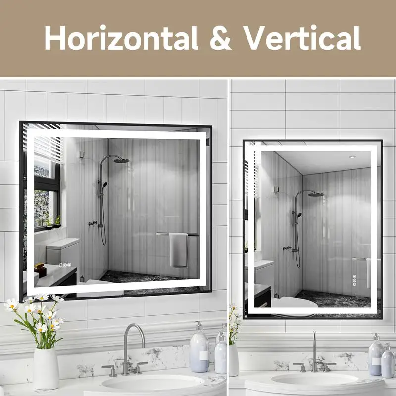 مرآة مقسى سوداء مقاس 28 × 36 مع شرائط إضاءة LED مزدوجة للإضاءة الأمامية والخلفية