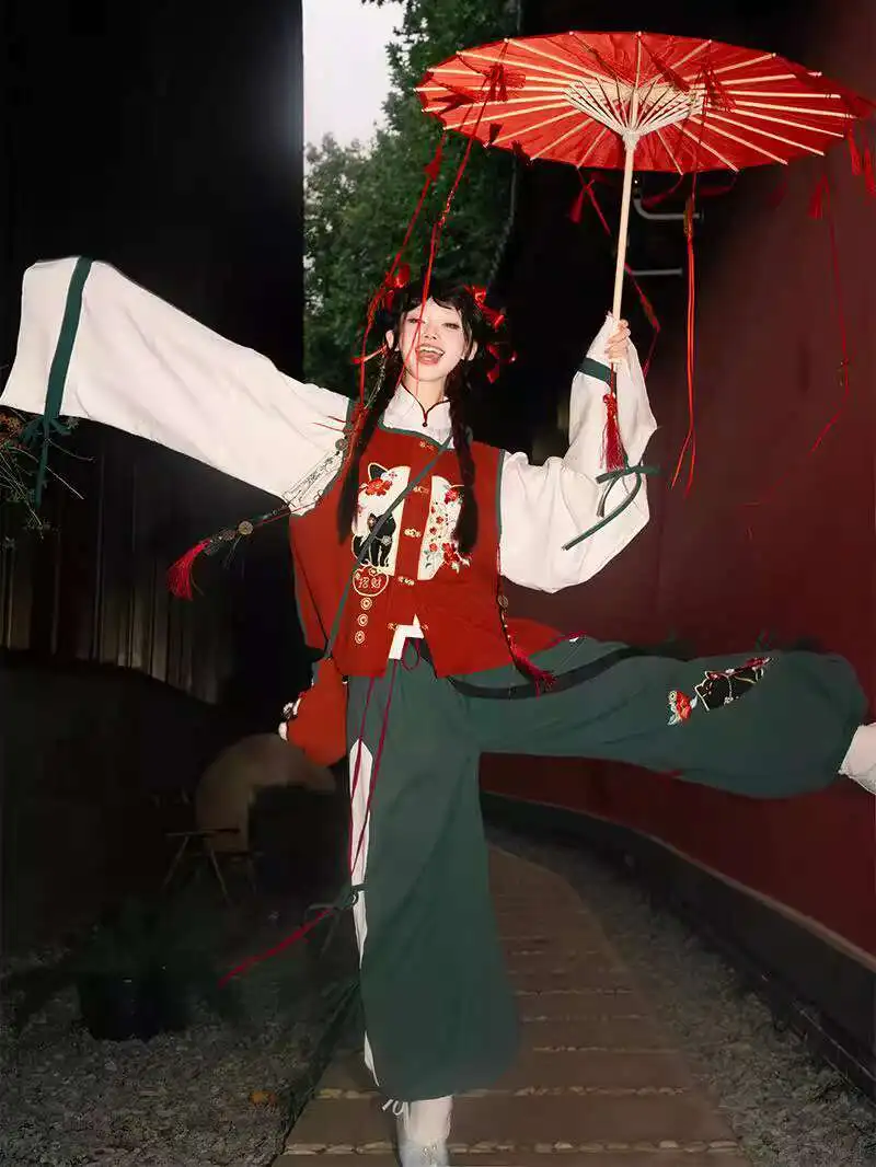 

Fiesta Carnival Halloween Cos Cosplay Guofeng Daily Lantern Pants Suit Embroidery Han Elements Stand-up Collar Double-breasted