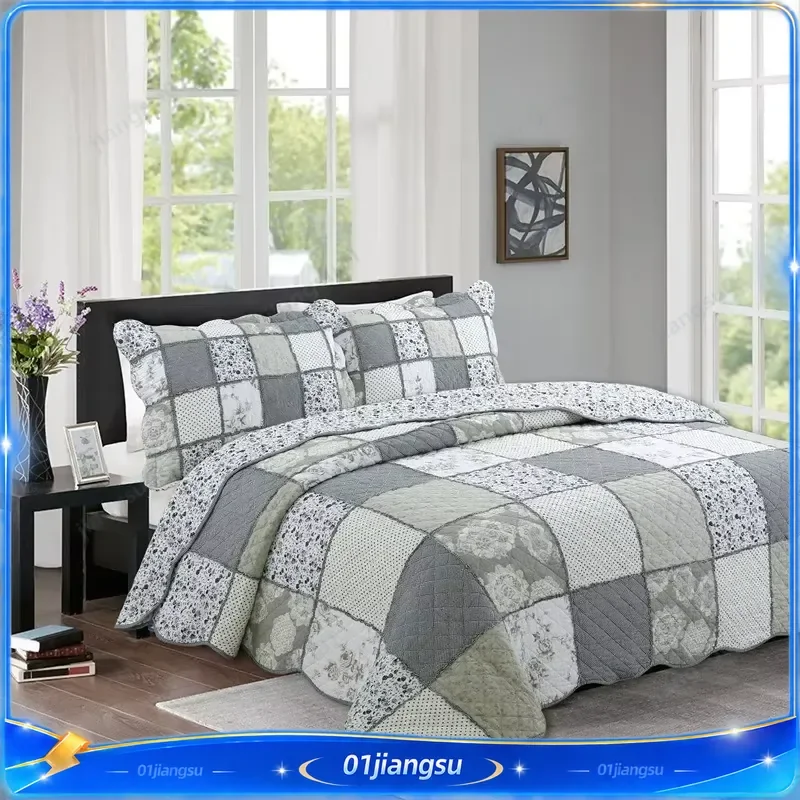 American Cotton Quilted Bedspread Set 3Pcs King Size Bedding Coverlet with Pillowcases Soft Breathable Linen Blanket for
