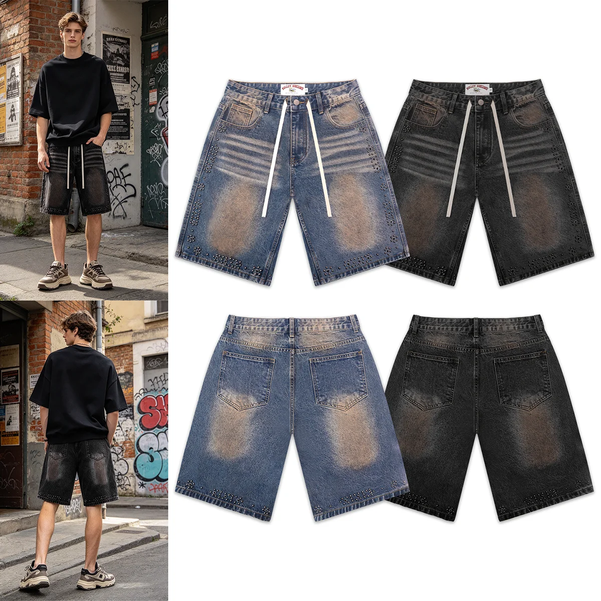 Streetwear Black Grey Washed Bead-Embroidered Jeans Shorts for Men Vintage Baggy Rhinestone Baggy Denim Shorts Oversized