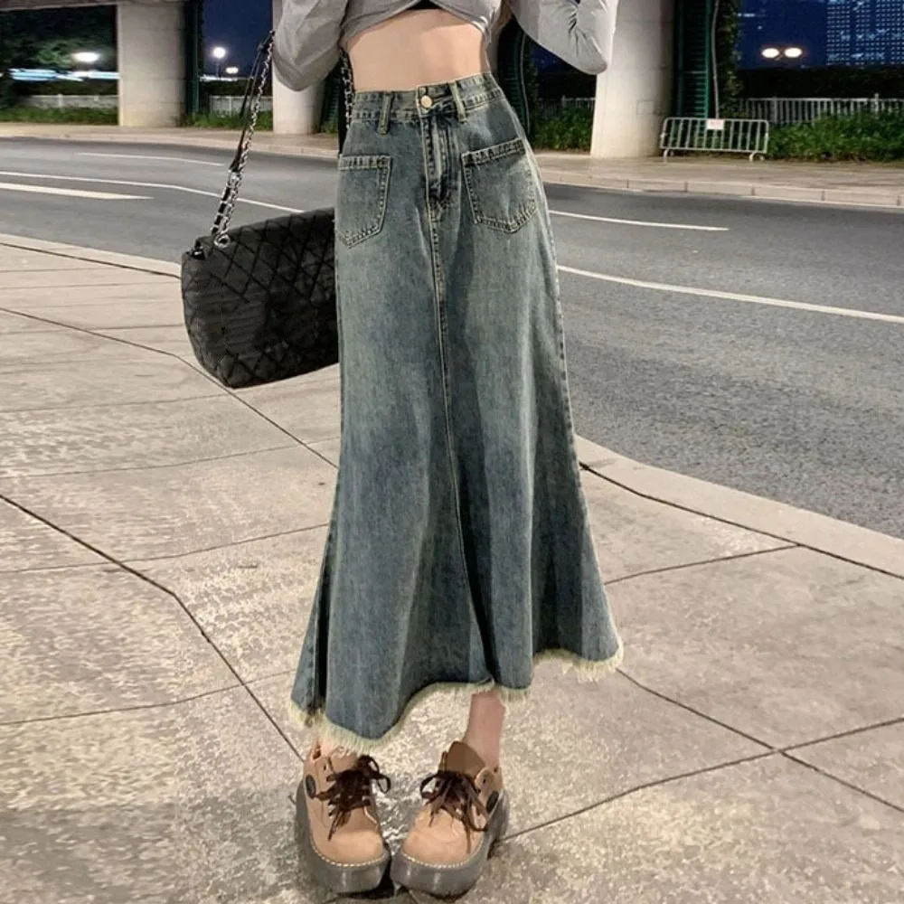 الكلاسيكية عالية الخصر الدنيم تنورة المرأة ريترو شيك ألف خط نصف فستان فضفاض بلون عالية الخصر تنورة طويلة الصيف