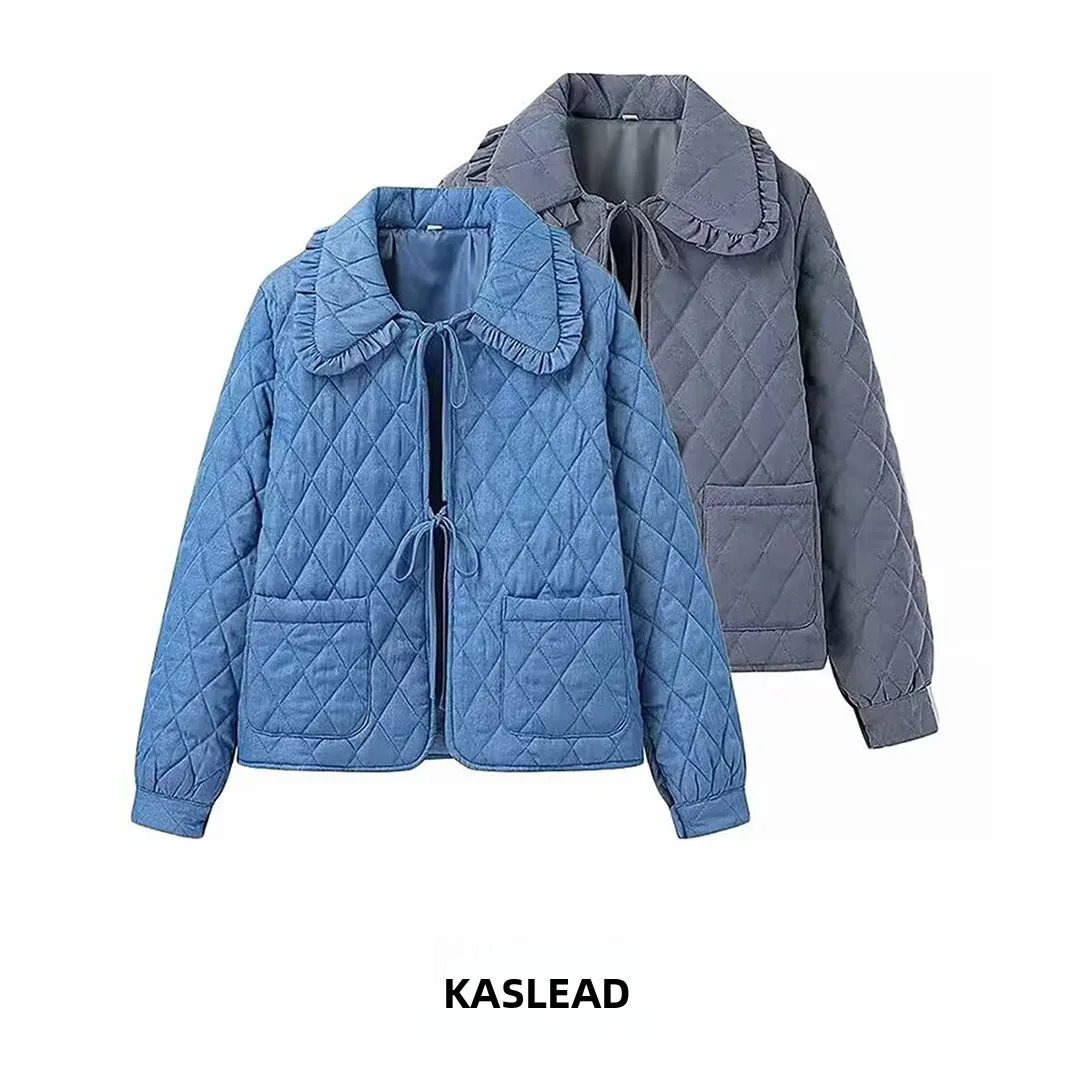 KASLEAD New Women's Lightweight Cotton Jacket Diamond Pattern Flip Collar Slim Fit Fashionable Autumn Outerwear