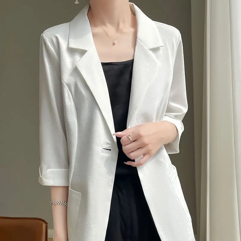 Elegant Lapel Splicedกระเป๋าAll-Match Blazerเสื้อผ้าผู้หญิง 2025 ฤดูร้อนใหม่หลวมสีทึบเกาหลีเสื้อลําลองblazer