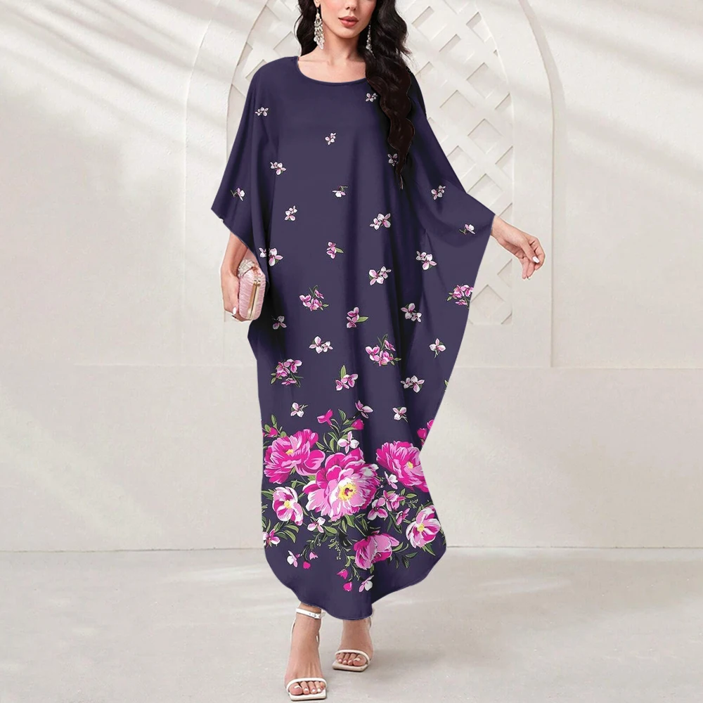 Boutique Women's Elegant Dress Fashion Floral Print Party Dress Muslim Dubai Islamic Batwing Sleeve Robe Women's Muslim Dress