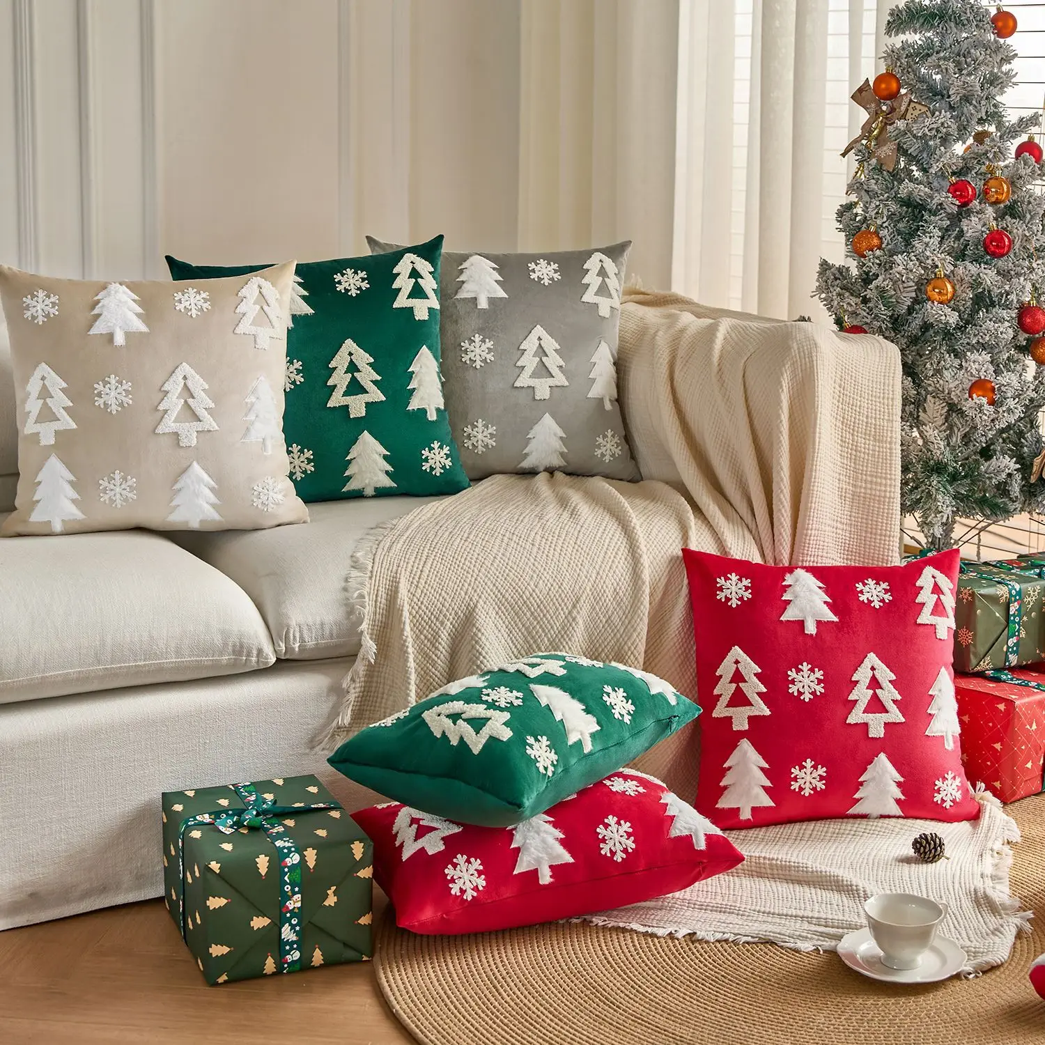 Christmas Tree Cushion Cover, Soft Velvet, Embroidery Snowflakes, Green, Red, Grey, Ivory, 45x45cm, 30x50cm, Home Decoration