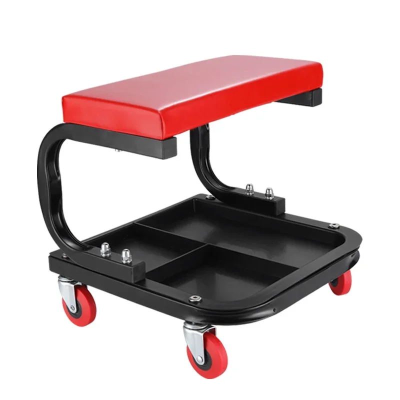 Black OEM R6100W PU Leather Iron Rolling Creeper Garage Shop Seat Padded Mechanic Stool With Tool Tray Storage 36x35x35cm