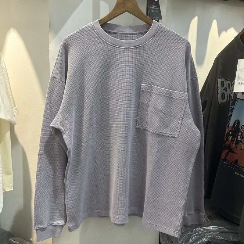 SUPER WAY Men's Waffle Long Sleeve T-Shirt Pocket Purple Grey Blue Tshirts AL024#