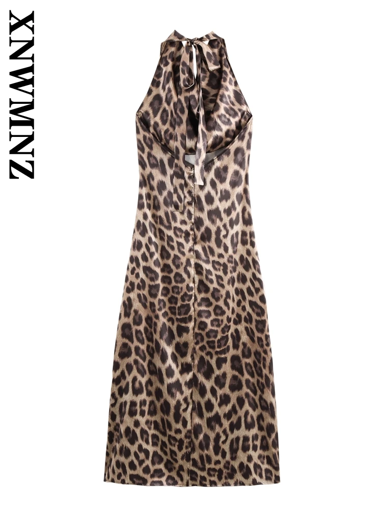 XNWMNZ 2024 Nuova Moda Donna Lunghezza Lunga Gonna Midi Abito Chic Lady Senza Maniche Colletto Allacciato Abiti Regular Fit Pizzo LEOPARD