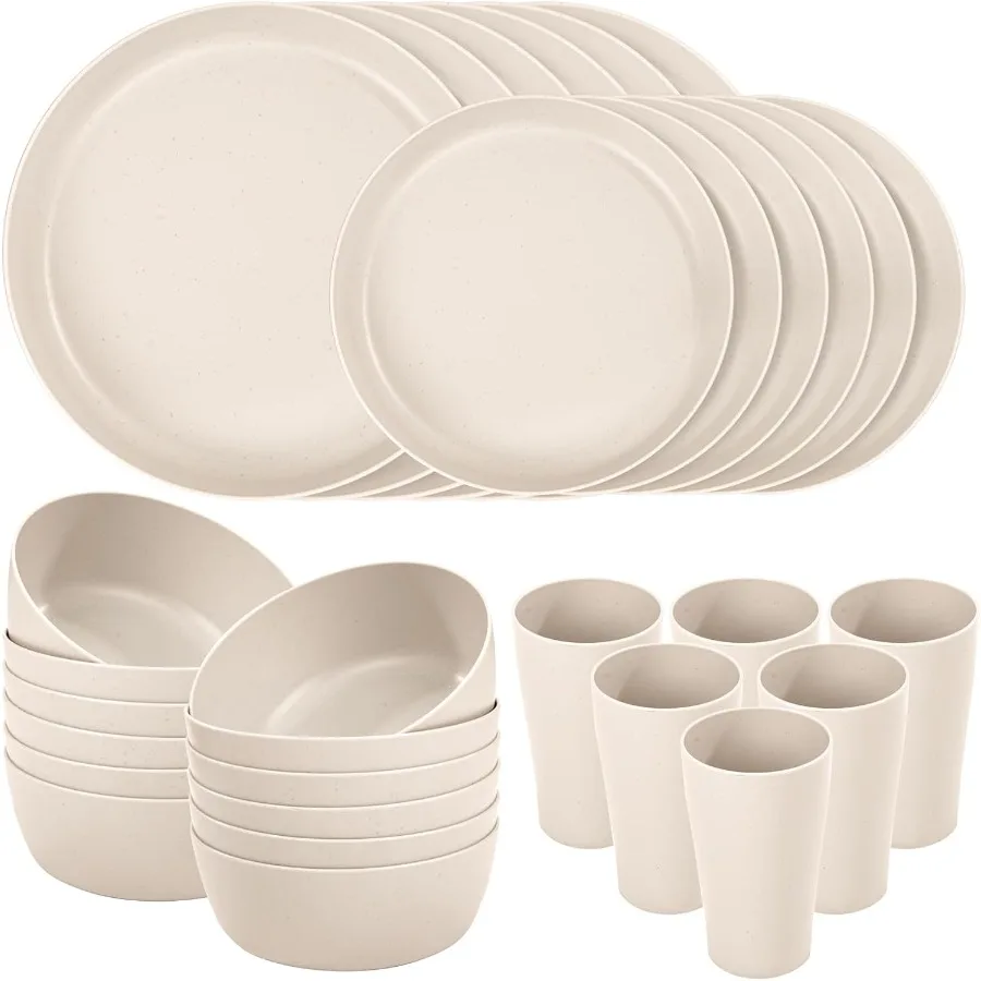 EI 24pcs Wheat Straw Dinnerware Set Beige Wheat Straw Plates Reusable Unbreakable Deep Dinner Hard Premium Plastic Plates for K