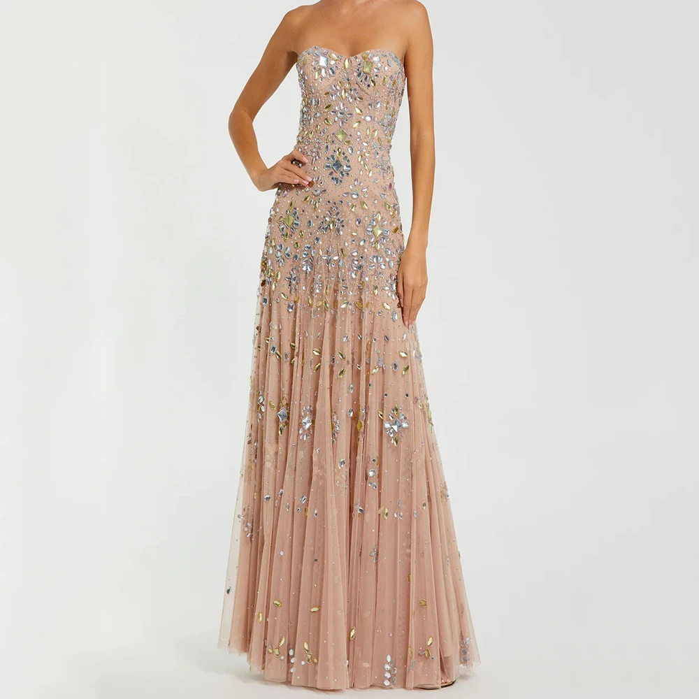 

Women's Blush Strapless Evening Dress Crystal Floral Embellished Tulle A-Line Formal Gown for Prom Gala Wedding Guest Party