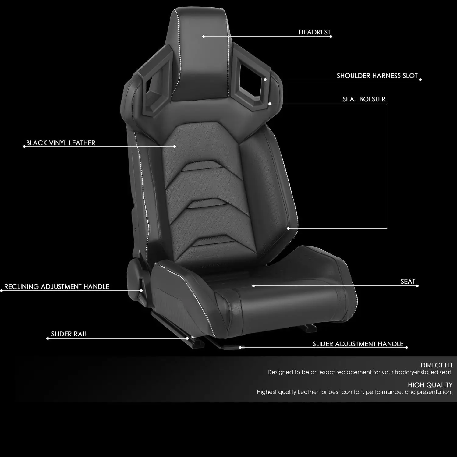 2PCS Racing Bucket Seats with Adjustable Recline & Dual Rails, Compatible with 4 Point Harness, PVC Leather/Black Carbon Looking
