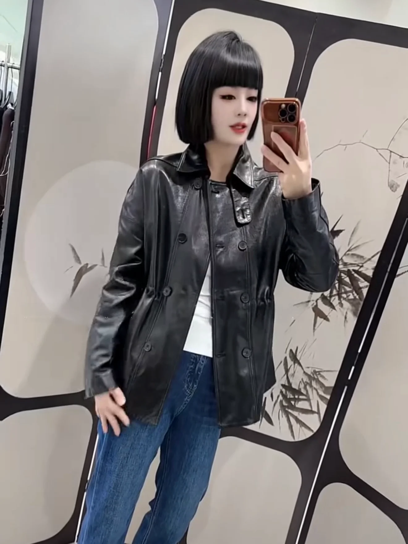 

Ning 2026 Wide oulder Leather Suit Women's Mid-Length Coat Ba Split Belted Street Sle Loose Fit Long Sve Zipper