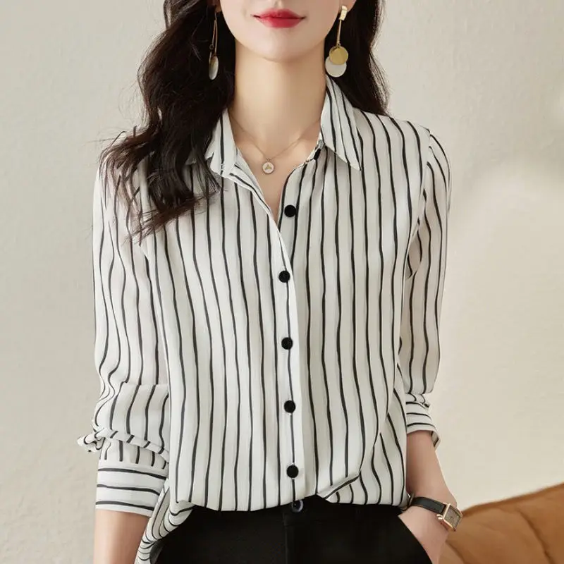 High-end Color Block Striped Blouse Women Classic Long Sleeve Office Korean Polo Collar Single-breasted Lady Chiffon Shirt