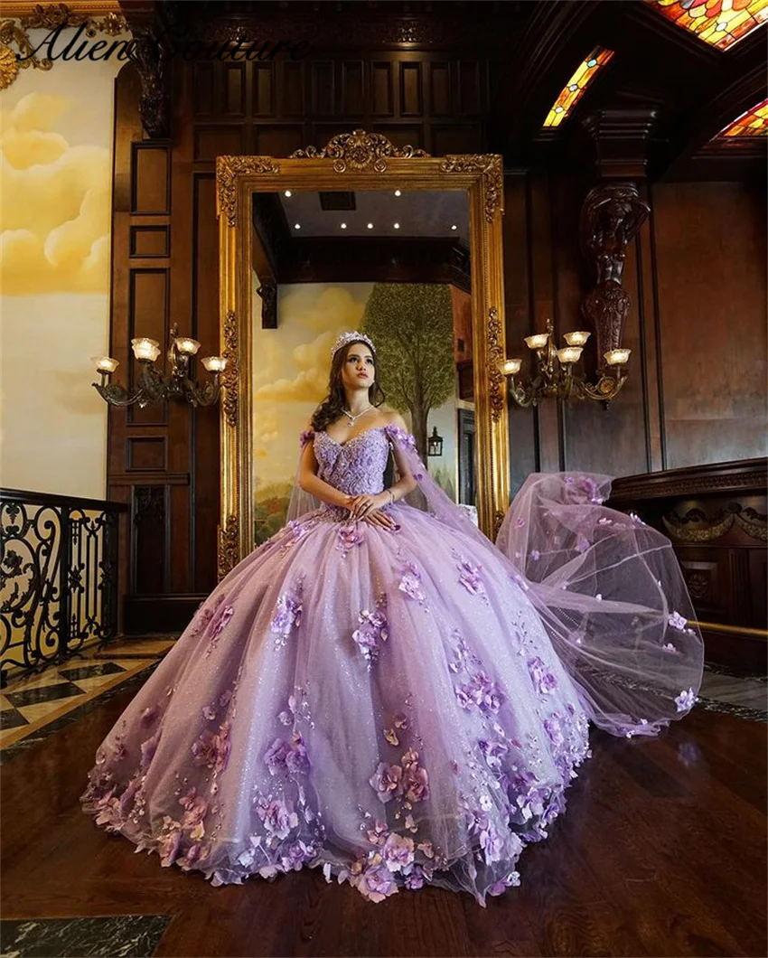 Purple Quinceanera Dresses 2024 Birthday Princess Floral Appliques Sweet 15 Years Girl With Cape Vestidos