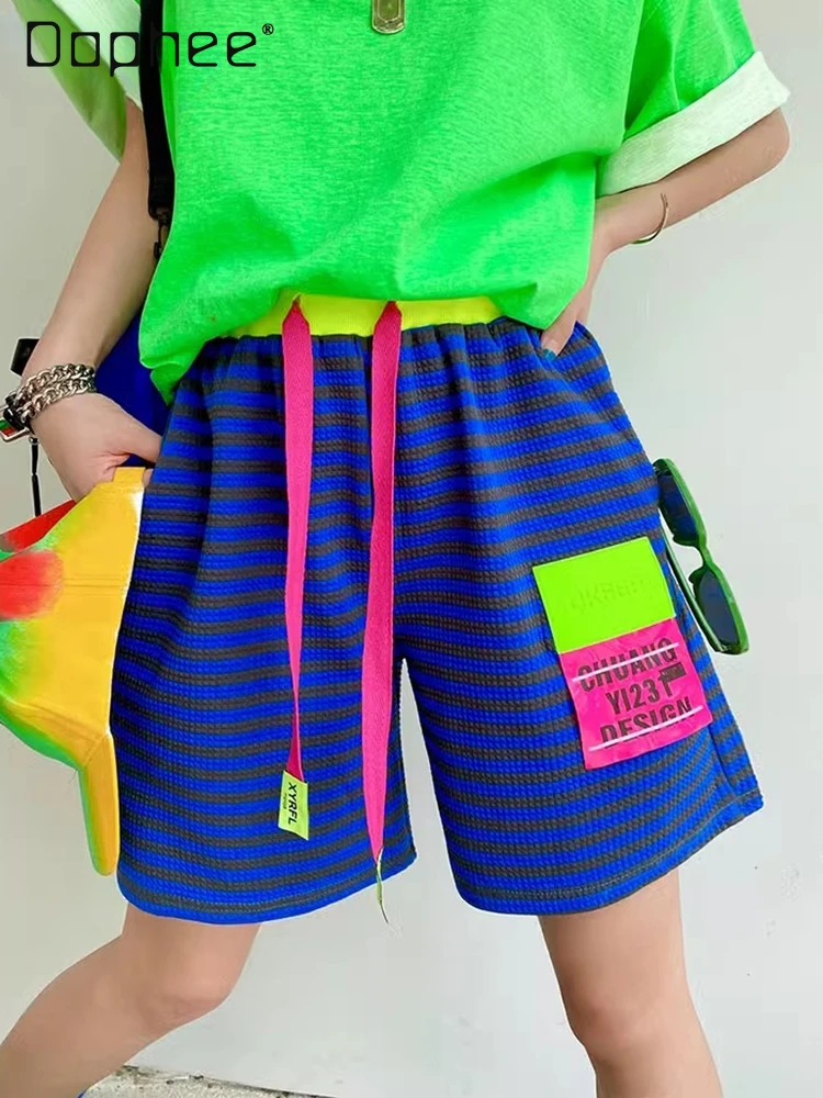 

Spring and Summer 2024 New Fashion Brand Contract Color Striped Letters Badge Loose Casual Shorts Women Street Hipster Shorts