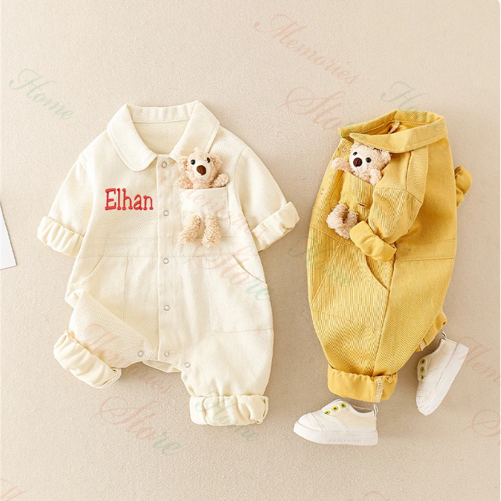 Personalized Name Infant Toddler Denim Jumpsuit New Baby Boys Girls Outgoing Climbing Clothes Custom Baby Shower Party Gift Suit