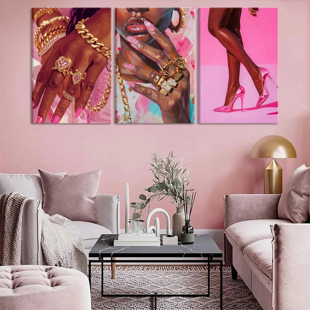 

Pink Fashion Black Girl Canvas Wall Art African Gorgeous Black Girl Posters Prints for Living Room Bedroom Home Decoration