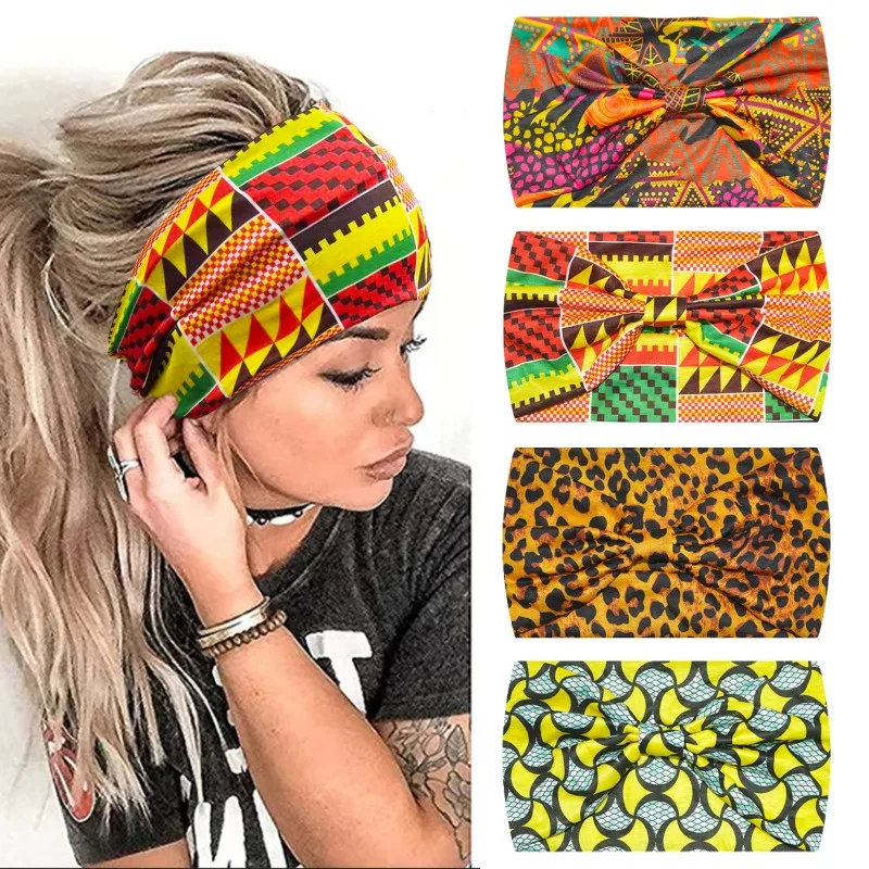 

Yoga Boho Stretch Headband African Pattern Print Twist Style Elastic Hair Band Wide Hairbands Bandana Turban Knot Headwrap DIY