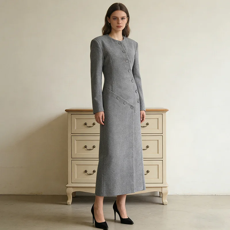 

Gray Spliced Single Breasted Jacket Round Neck Slimming Long Coat Irregular Streetwear Women's Jackets Spring Fashion Style