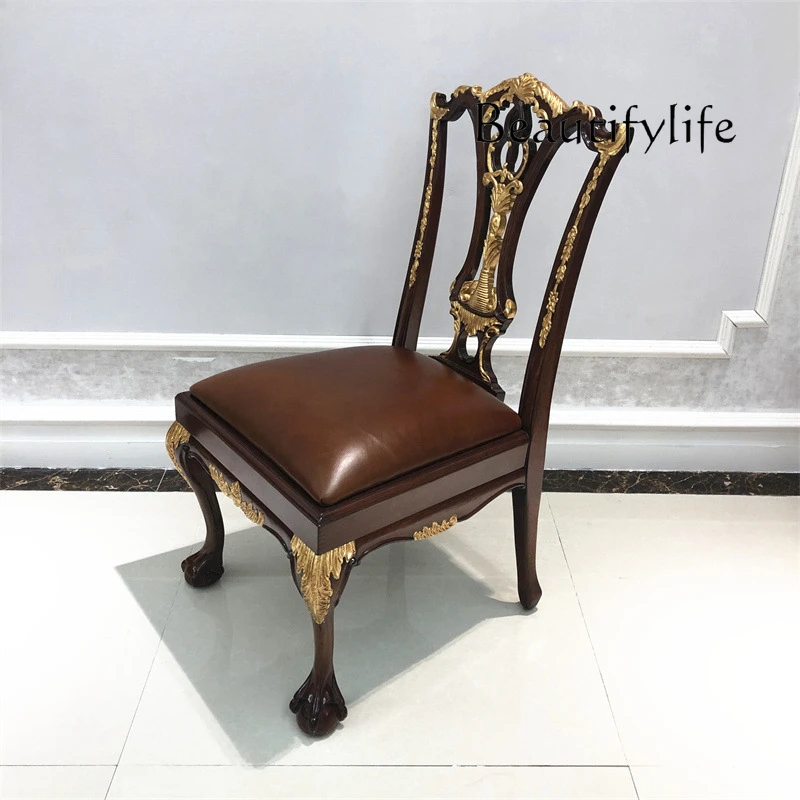 Dining chair European cowhide dining  Villa leather book chair mahogany solid wood gold foil classical dining chair