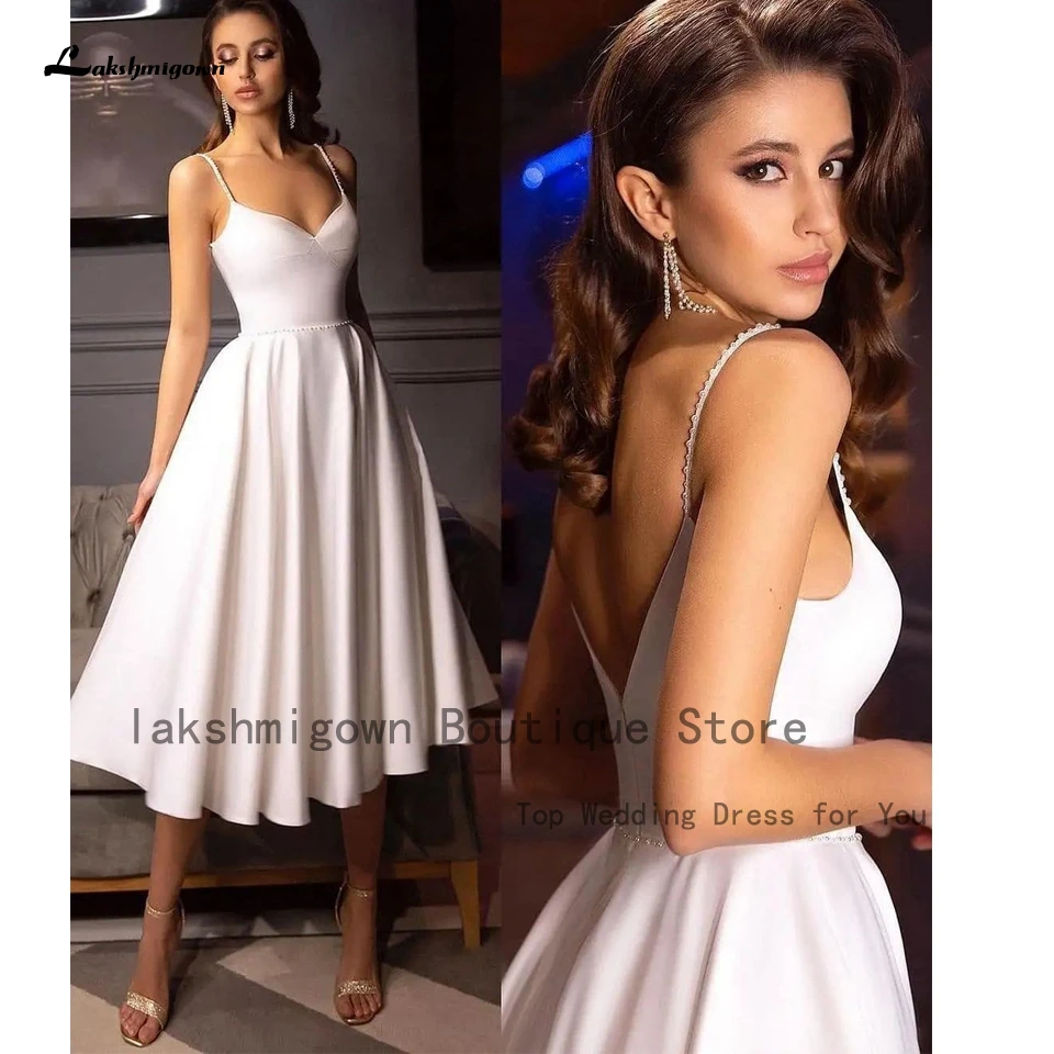 

Simple A Line Short Satin Wedding Dress Beaded Spaghetti Straps 2023 Beach Receiption Party Gowns Tea Length
