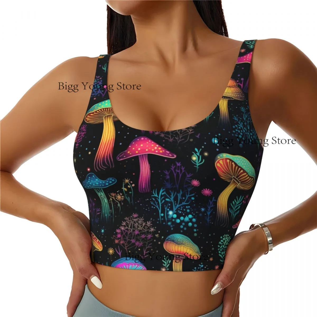 Damska seksowna koszulka sportowa z nadrukiem grzybów i roślin, damska odzież uliczna, sportowa bielizna, krótki top.