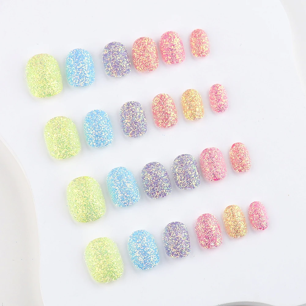 24 Pcs Holographic False Nail Art Tips Pre-glue Sparkling Glitter Kids Press on Nails Short Oval Full Cover Fake Nails for Girl