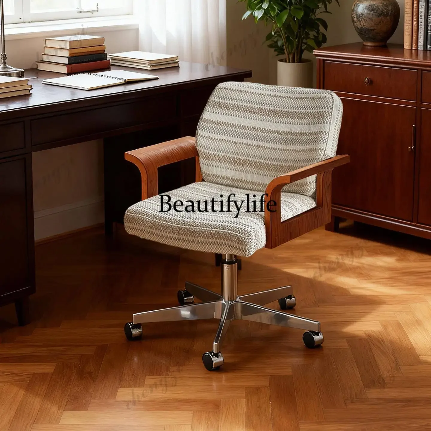TTT Designer retro office chair stainless steel study swivel chair fabric lifting conference rotating computer chair