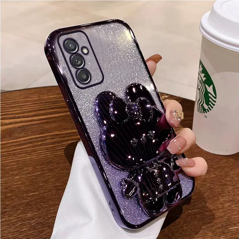 A 34 A 04S Mirror Rabbit Holder Case For Samsung Galaxy A54 A12 A13 A24 A04S A82 A14 A22S A32 4G 5G Stand Cover M14 F14 M53