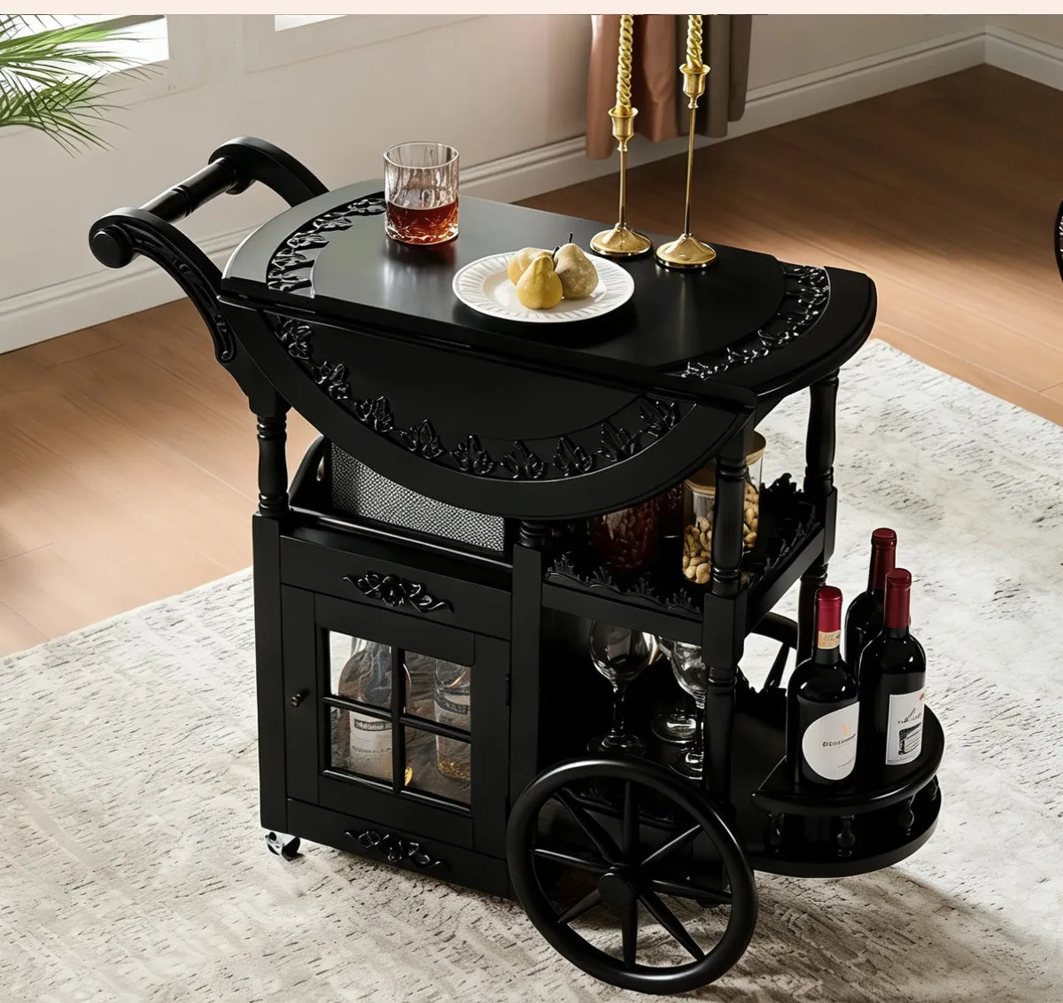 Two-story trolley coffee table French antique dining car solid wood living room mobile multi-functional side sofa rack