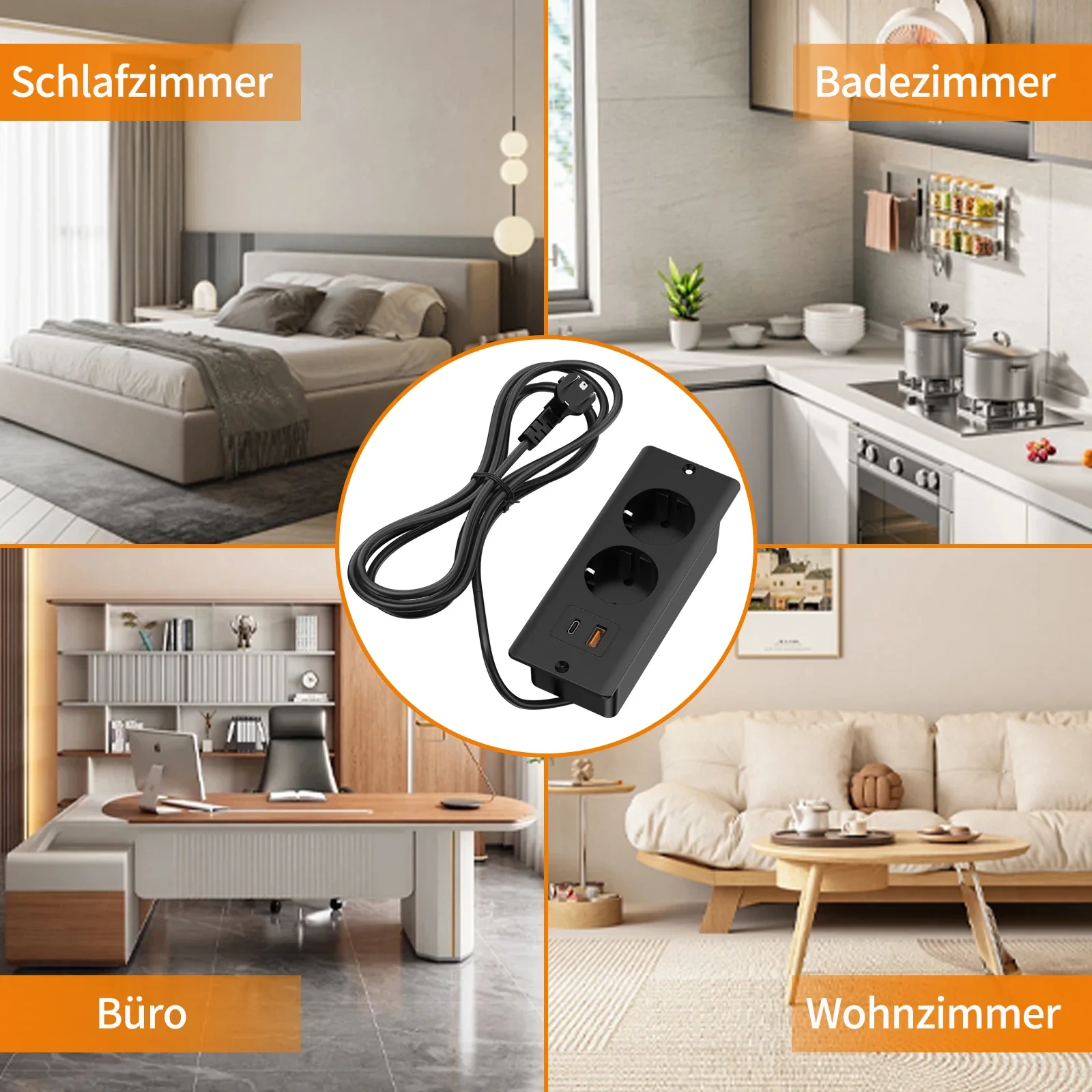 HITRENDS EU desktop built-in power strip 110~250V 2 AC power sockets 2 USB 1 Type-C desk power socket with 2m cable extension