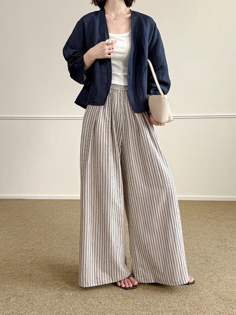 Women Summer New Simple Vertical Striped Casual Pants, Loose Wide Leg Floor-Length Trousers, Relaxed Fit Soft All Match Long Pan