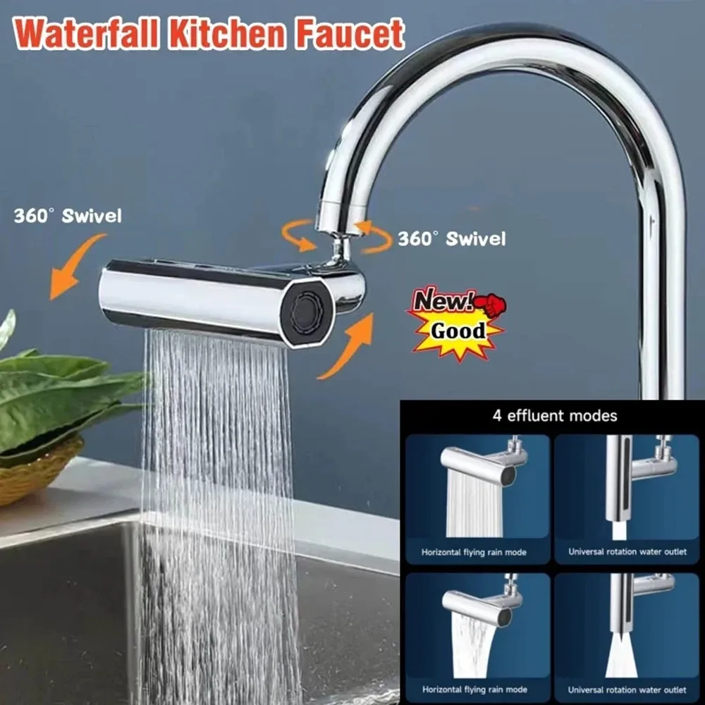 360° Swivel Waterfall Faucet Extension Adapter Sprayer 3 Modes Multifunctional Waterfall Pressurized Bubbler Kitchen Sink Fit