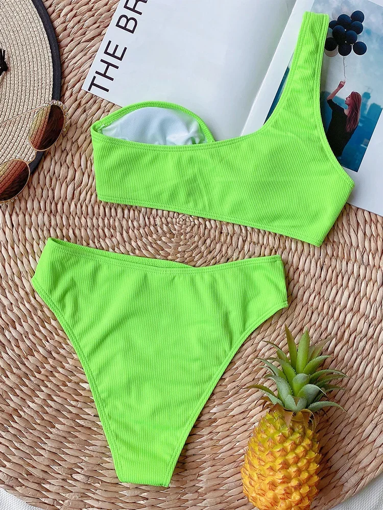 Sexy Ribbed One Shoulder High Waist Bikini Women Swimsuit Female Swimwear Two Pieces Bikini Set Rings Bather Bathing Suit Swim