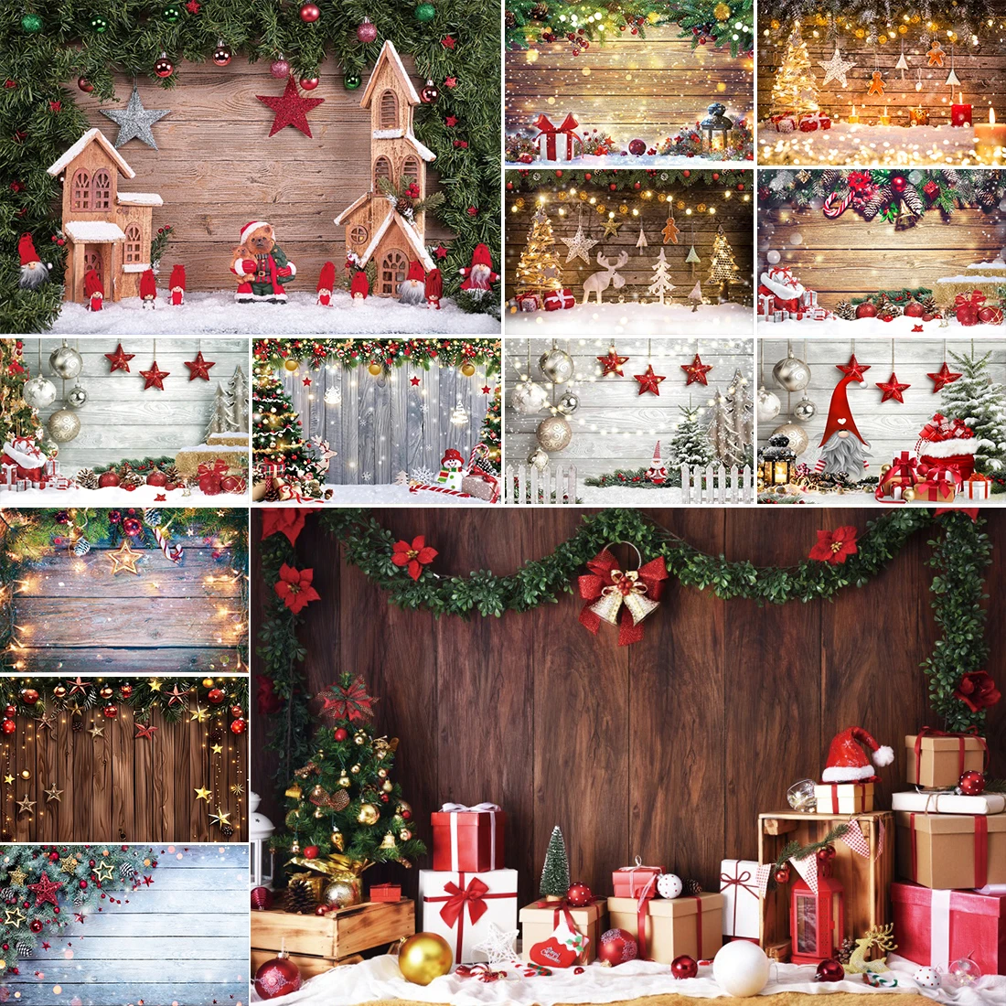 Christmas Wood Backdrop Rustic Wooden Board Wall Gift Xmas Tree Snowflake Bells Winter Family Party Photography Background Decor
