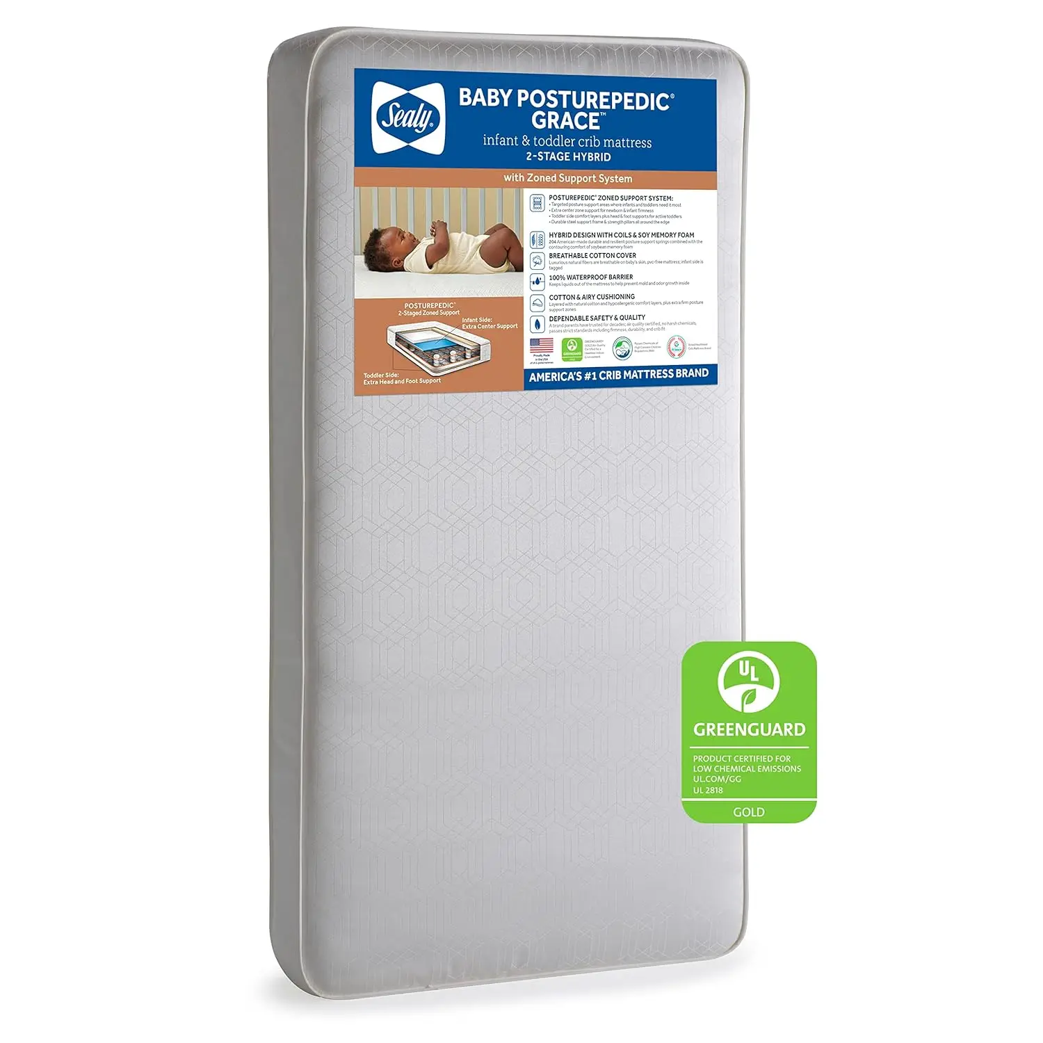 Baby Posturepedic Grace Hybrid Breathable 2 Stage Waterproof Crib Mattress plus Toddler Bed Fit, Non Toxic, Hypoallergenic, GREE