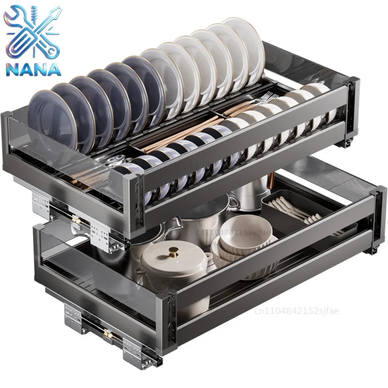 Cabe gray pull basket kitchen cabinet aluminum alloy drawer type seasoning dish rack storage bowl basket seasoning pull bask